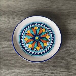 Signed Hand Painted Small Italian Ceramic Dish With Geometric Design 4.75”